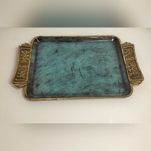 VINTAGE ENAMEL ON BRASS BLUE SERVING TRAY W/HANDLES MADE IN ISREAL 16" X 10"
